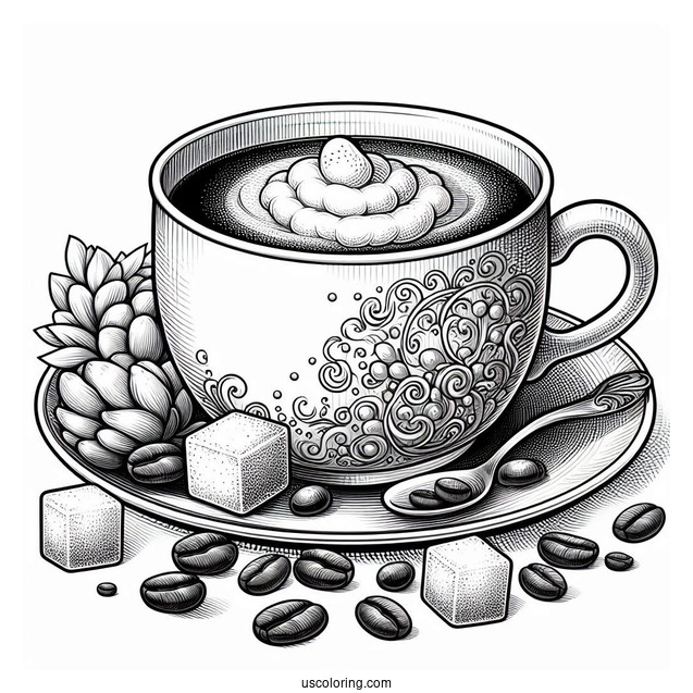 Realistic Cup Of Coffee Coloring Pages With Maracon, Sugar Cubes, And Beans