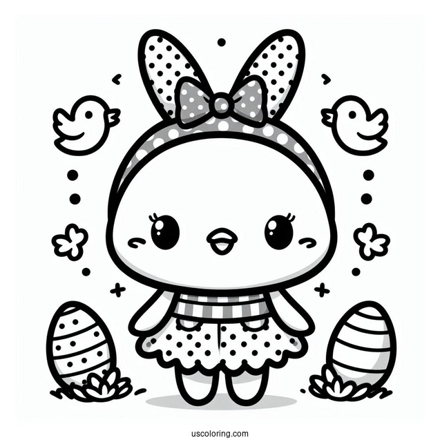 Kawaii Duck In Pola Dot Dress In Easter Coloring Page