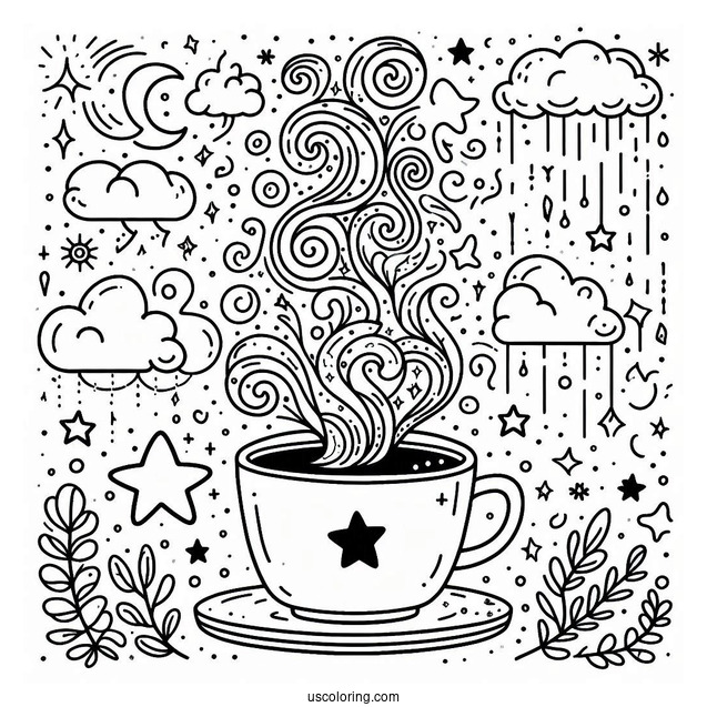 Magical Coffee Coloring Pages Of Cup With Clouds And Stars