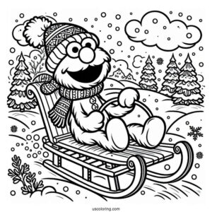 Elmo Riding a Sled During Winter To Color