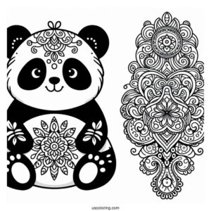 Ornamental Panda Coloring Page with Floral Swirls and Mandala Belly Design