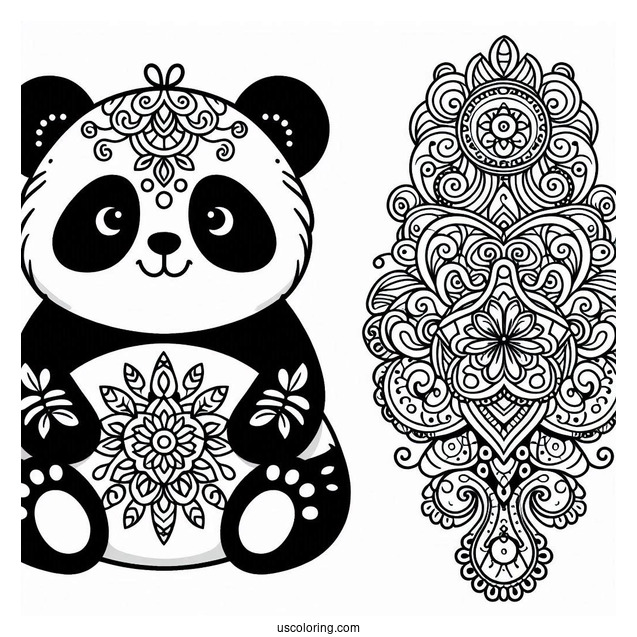 Ornamental Panda Coloring Page with Floral Swirls and Mandala Belly Design