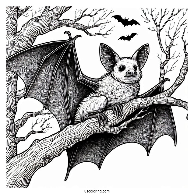 Realistic Bat Coloring Page Perched On Tree