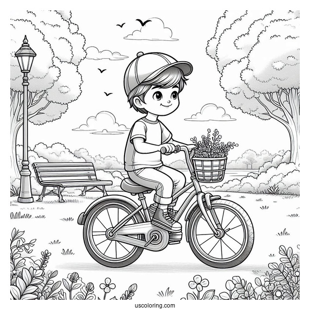 Realistic Little Boy Riding Bicycle Coloring Page In A Park