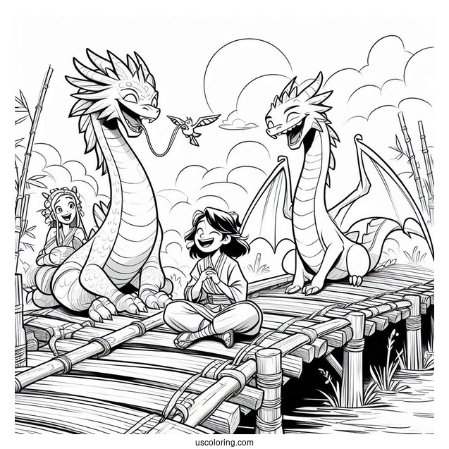 Raya And The Last Dragon Coloring Page Of Ongis Dyan, Pan, and Uka Laughing On Bamboo Bridge
