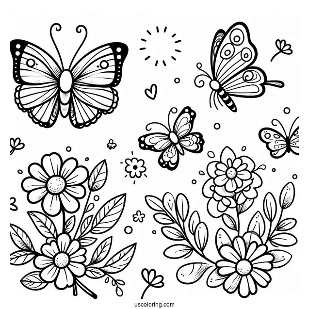 Cartoon Spring Coloring Page Butterflies And Flowers