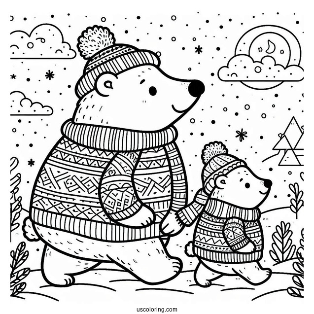 Polar Bear In A Sweater Going To The North Pole Coloring Page
