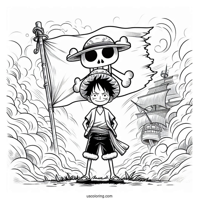Luffy Coloring Page Standing In Front Of Straw Hat Pirate Flag With Mist