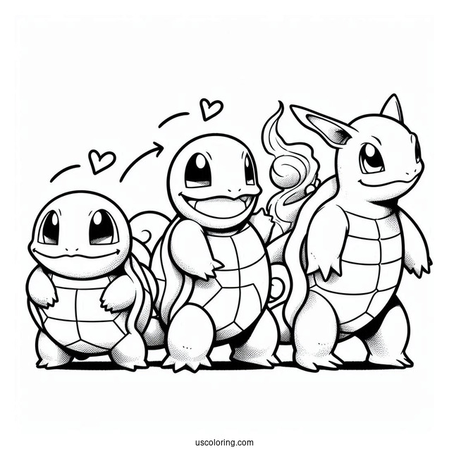 Squirtle Coloring Page With Wartortle, And Blastoise Evolution