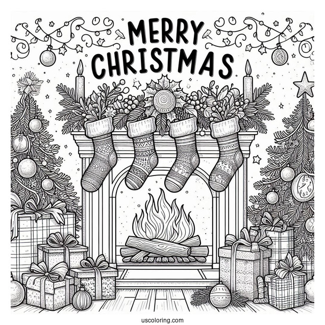 Christmas Coloring Pages For Adults Of Merry Christmas Words On Top Of Fireplace With Stockings
