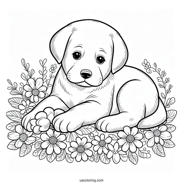 Labrador Puppy On Flower Bed Coloring Sheet
