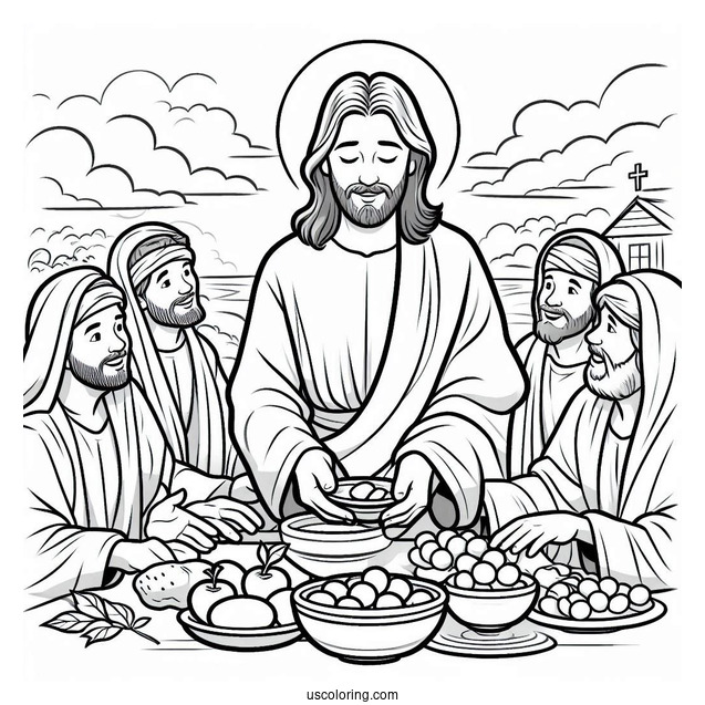 Jesus Coloring Page Distributing Food To His Followers