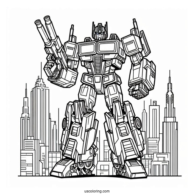 Simple Optimus Prime Coloring Page Outline With Ion Blaster In City
