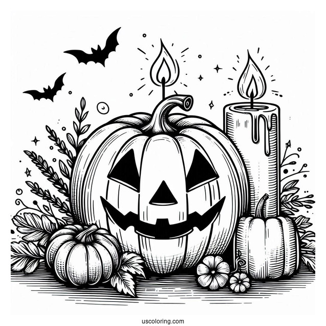 Pumpkin Coloring Page Of Lit Candle Above A Jack O Lantern