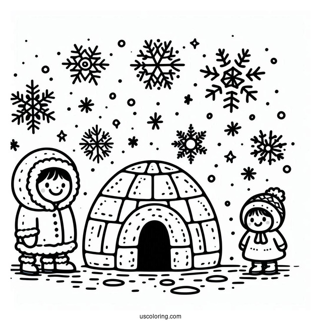 Snowflake Coloring Page Falling On Cartoon Eskimo Family And Igloo