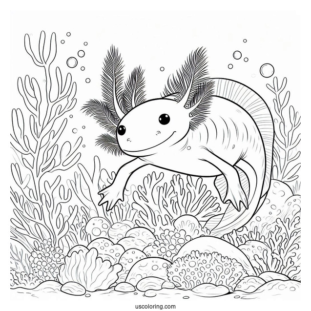 Swimming Axolotl Coloring Page Surrounded By Corals