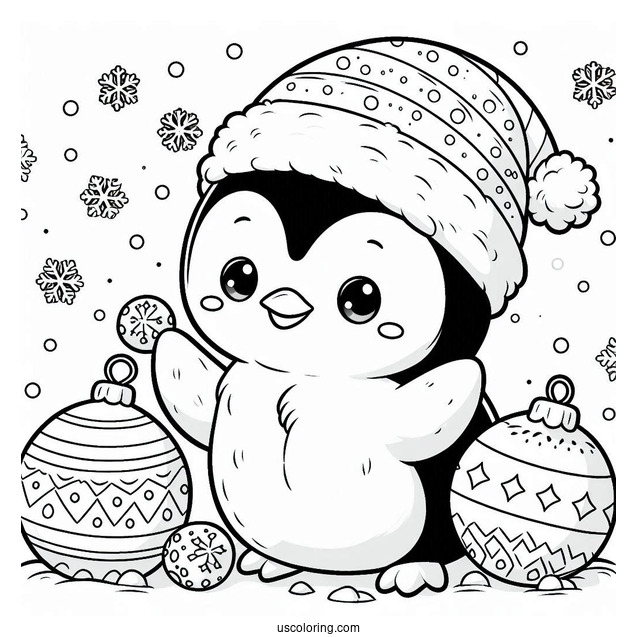 Cute Baby Penguin With Snow Balls Coloring In