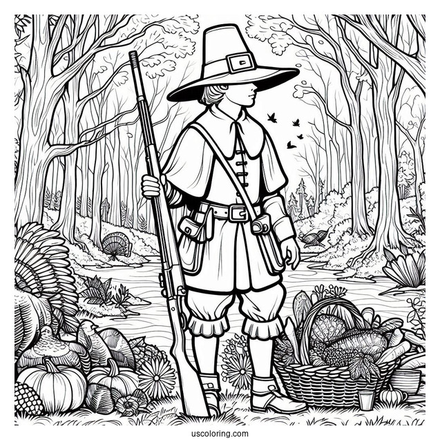 Pilgrim Coloring Page Holding A Musket In The Forest