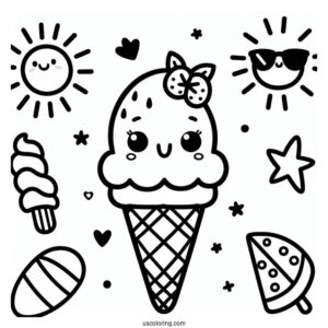 Summer Coloring Page Of Cute Ice Cream For Preschoolers