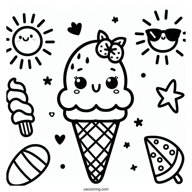 Summer Coloring Page Of Cute Ice Cream For Preschoolers