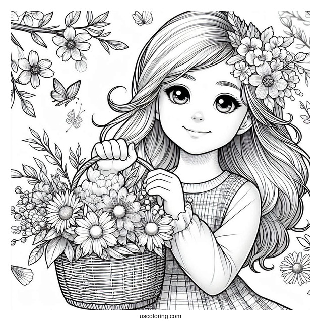 Realistic Little Girl Holding Basket Of Spring Coloring Page Flowers