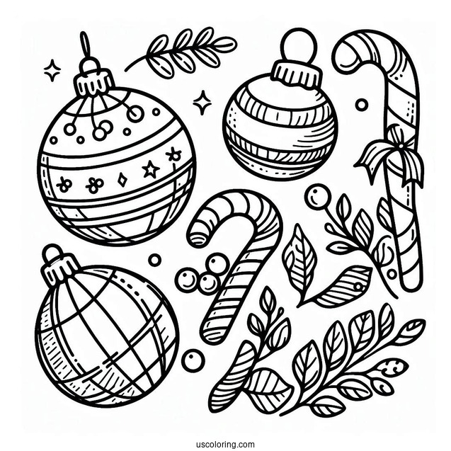 Simple Globes And Candy Cane Outline Christmas Ornaments Coloring Page