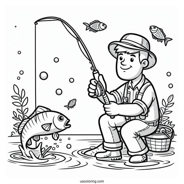Fishing Coloring Page Of Cartoon Man Catching A Large Fish