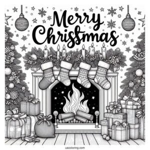 Christmas Coloring Pages For Adults Of Merry Christmas Words On Top Of Fireplace With Stockings