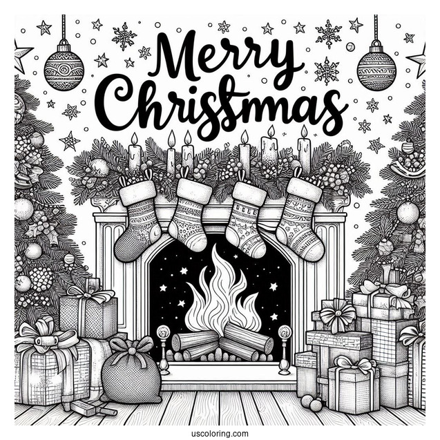 Christmas Coloring Pages For Adults Of Merry Christmas Words On Top Of Fireplace With Stockings