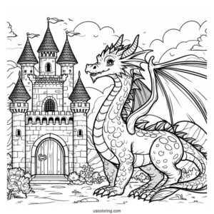 Coloring Sheet Of Dragon Next To Castle For Preschoolers