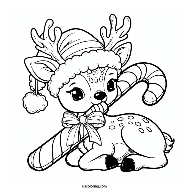 Reindeer With Santa Hat Biting A Candy Cane Coloring Page