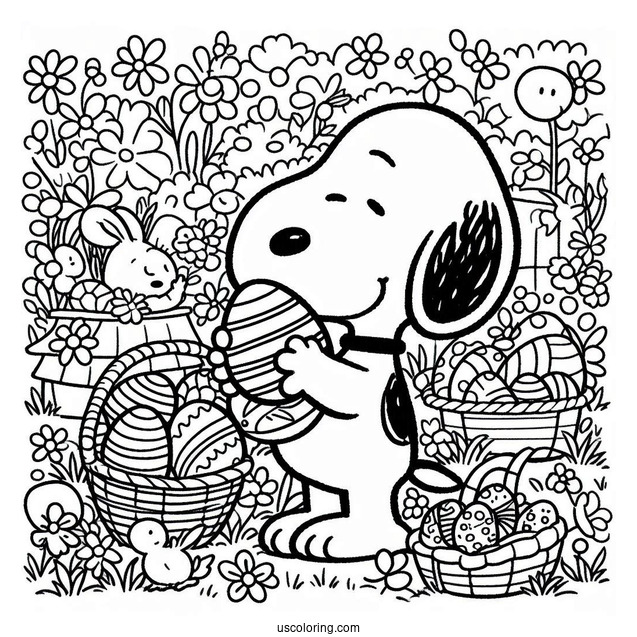 Snoopy Collecting Easter Coloring Page Of Eggs In The Garden