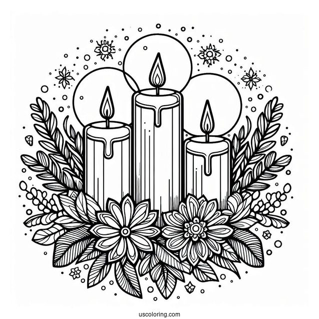Four Candles Surrounded By Flowers Stained Glass Coloring Page