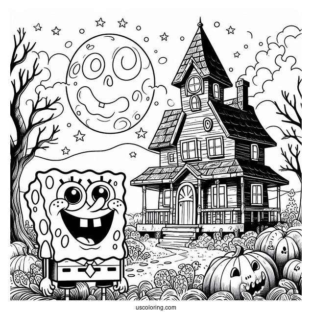Adorable SpongeBob Coloring Page In Front Of Haunted House