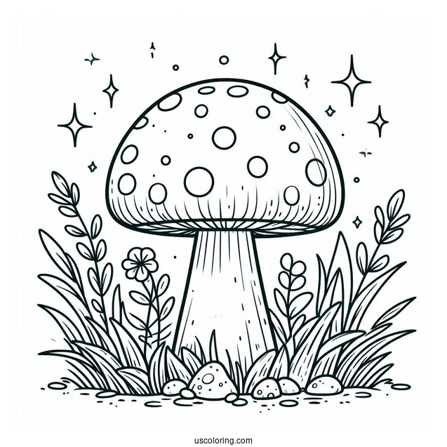 Easy Fly Agaric Mushroom Coloring Page Surrounded By Grass For Kids