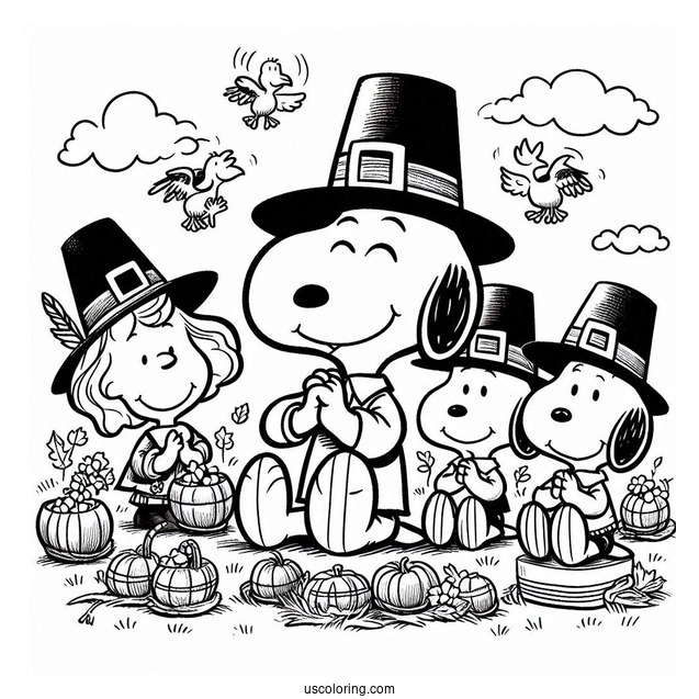 Snoopy And Friends Pilgrim Coloring Page Celebrating Thanksgiving
