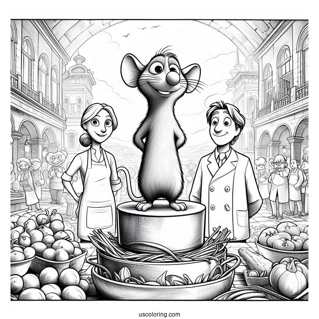 Ratatouille Coloring Page Standing On Alfredo s Head With Colette And Skinner In The Background
