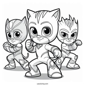 PJ Masks Coloring Page Of Owlette, Catboy, And Gekko In Fighting Stance