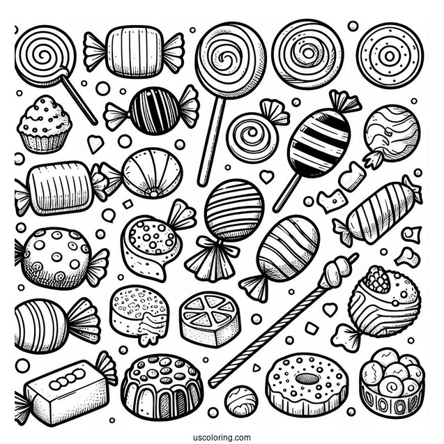 Full Page Of Assorted Candies To Color