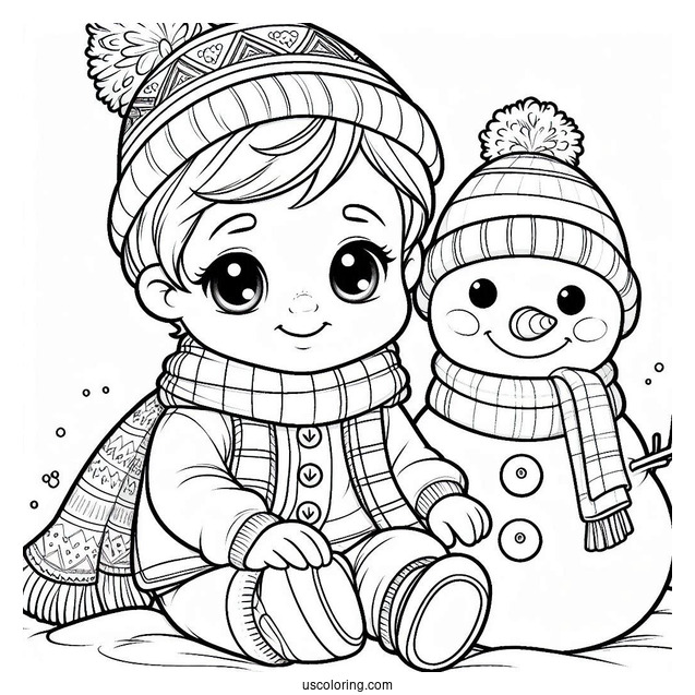 Baby Coloring Page In Winter Clothes Sitting Next To A Snowman