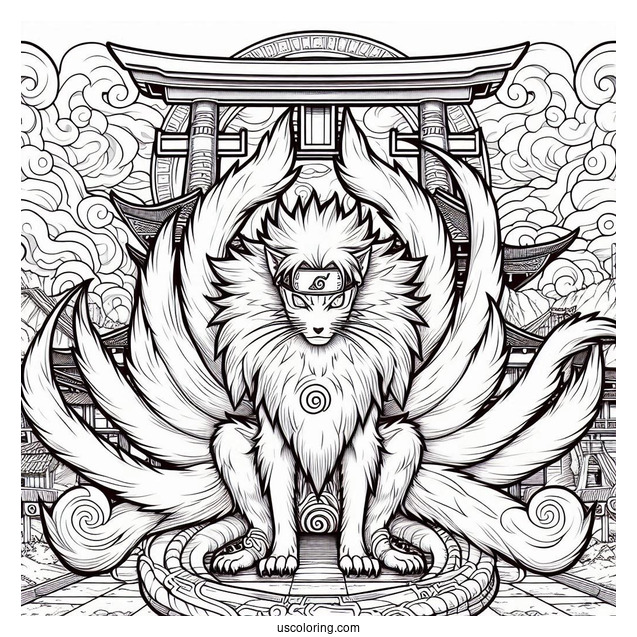 Naruto Coloring Page Of Detailed Kurama Nine Tails In Front Of Torii