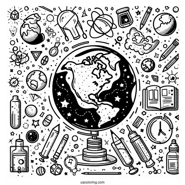 Easy Earth Surrounded By Science Coloring Page And Technology