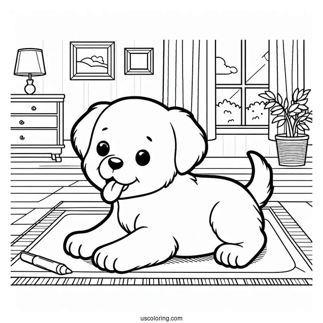 Easy Outline Of Puppy Playing Indoors Coloring Sheet