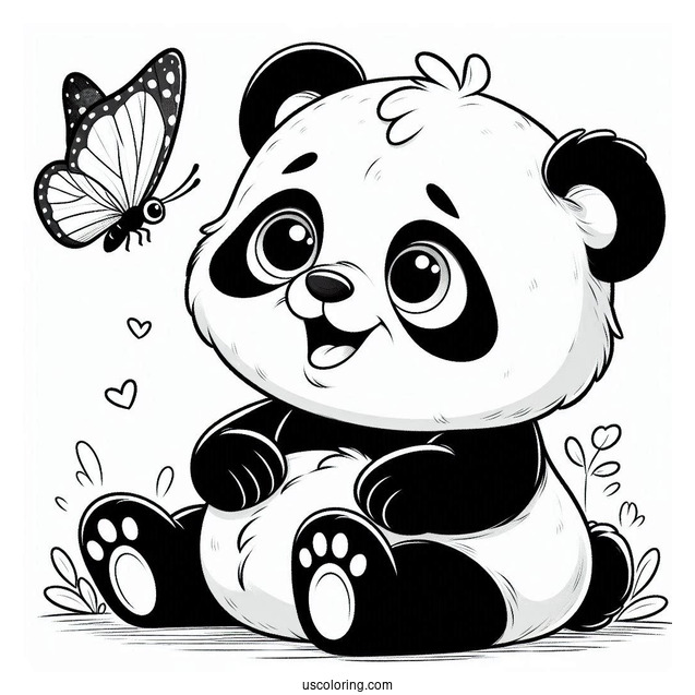 Baby Panda Coloring Page Smiling at a Butterfly