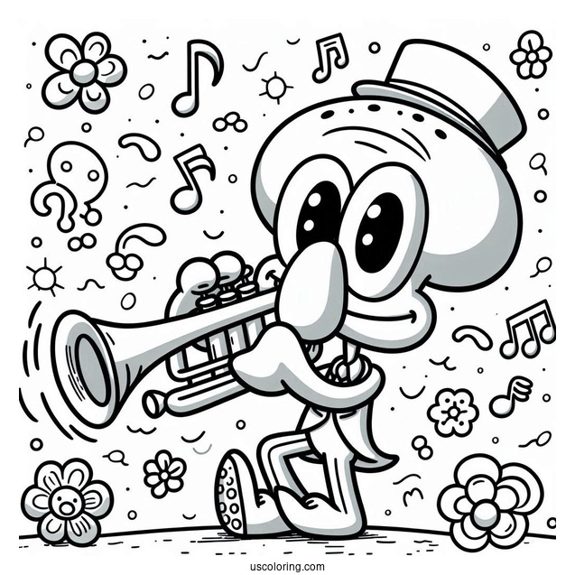 Cute Squidward Coloring Page Playing Trumpet For Kids