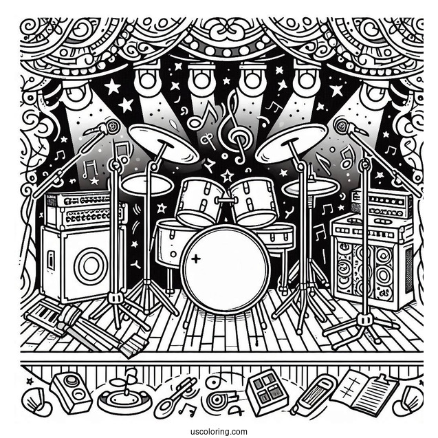 Music Coloring Page Of Complete Drum Set On Stage
