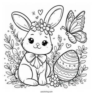 Easy Easter Bunny Coloring Page With Egg And Butterfly