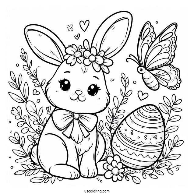 Easy Easter Bunny Coloring Page With Egg And Butterfly