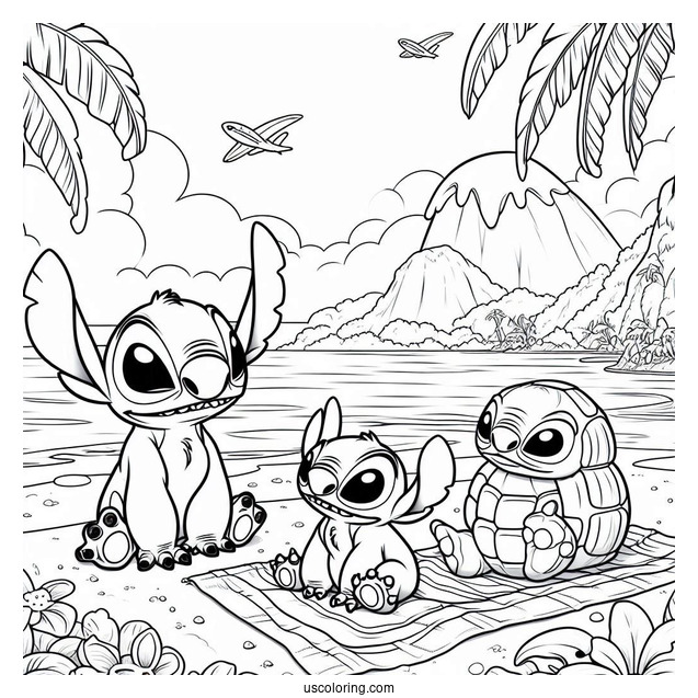 Coloring Page Of Lilo And Stitch On Beach With Jumba And Pleakley
