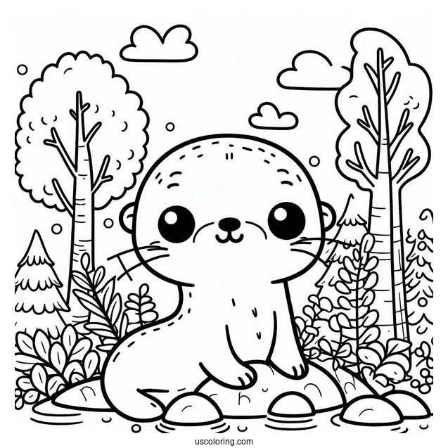 Kawaii Otter Coloring Page In The Forest For Kids
